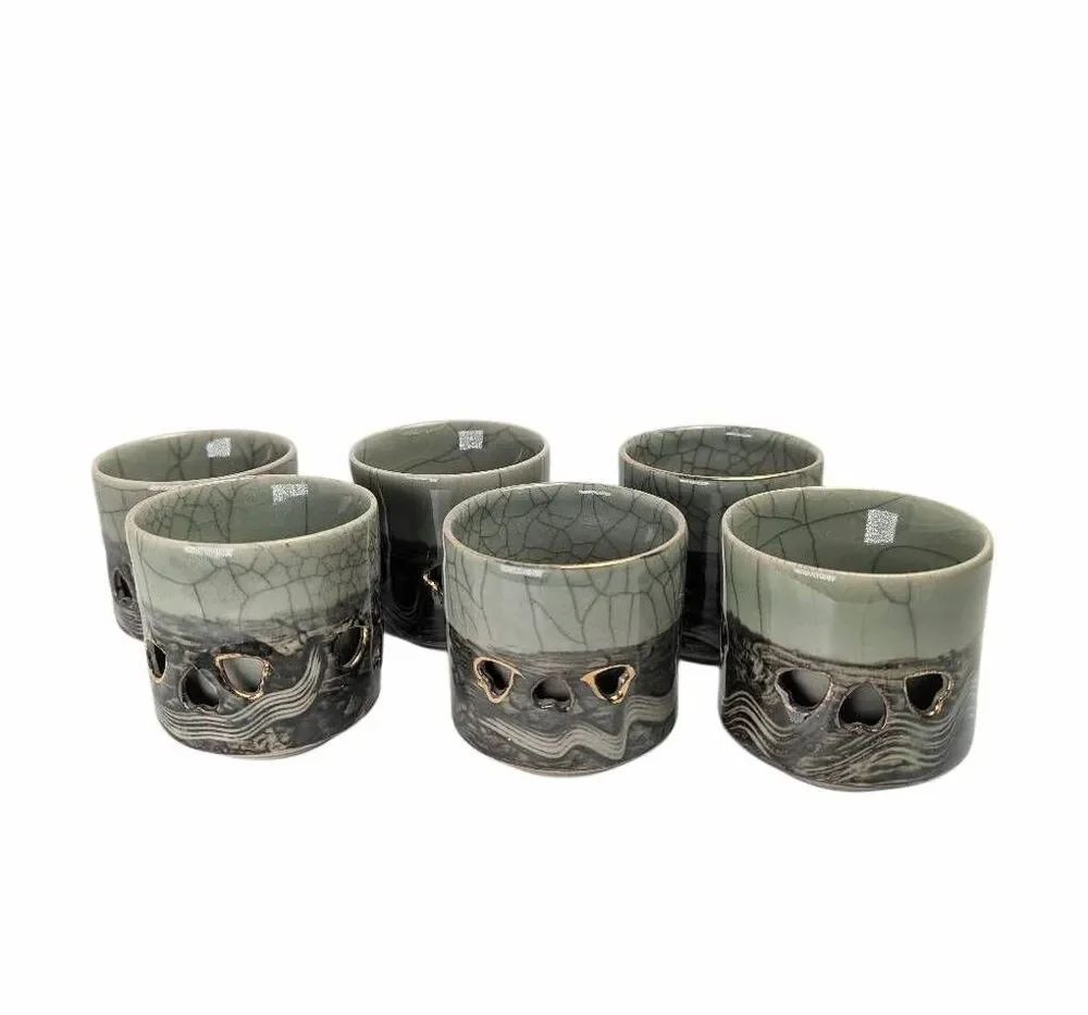 Vintage Somayaki Japanese Tea Cups Set of 6 Crackle Celadon Double Walled Horse